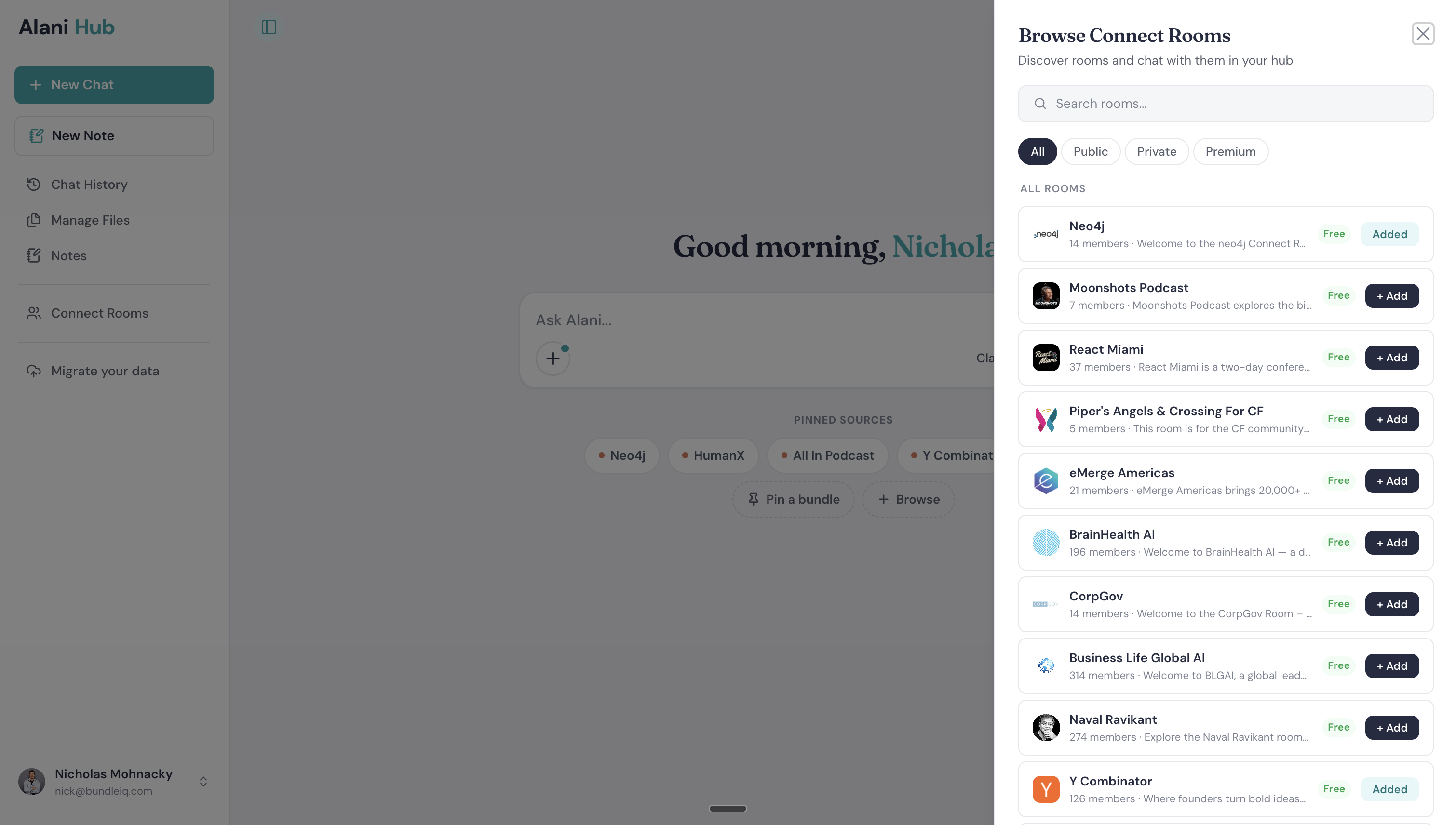 The Alani Hub marketplace of Connect Rooms