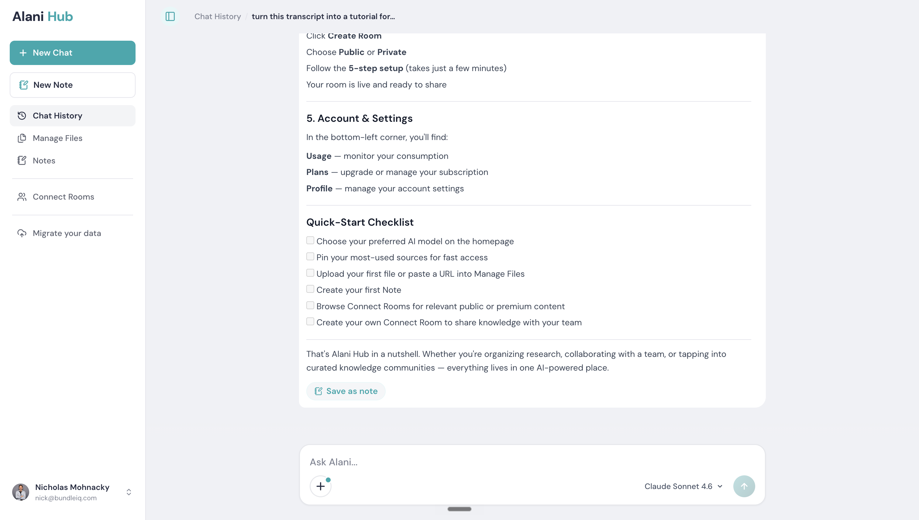 Saving an AI chat response as a note in Alani Hub