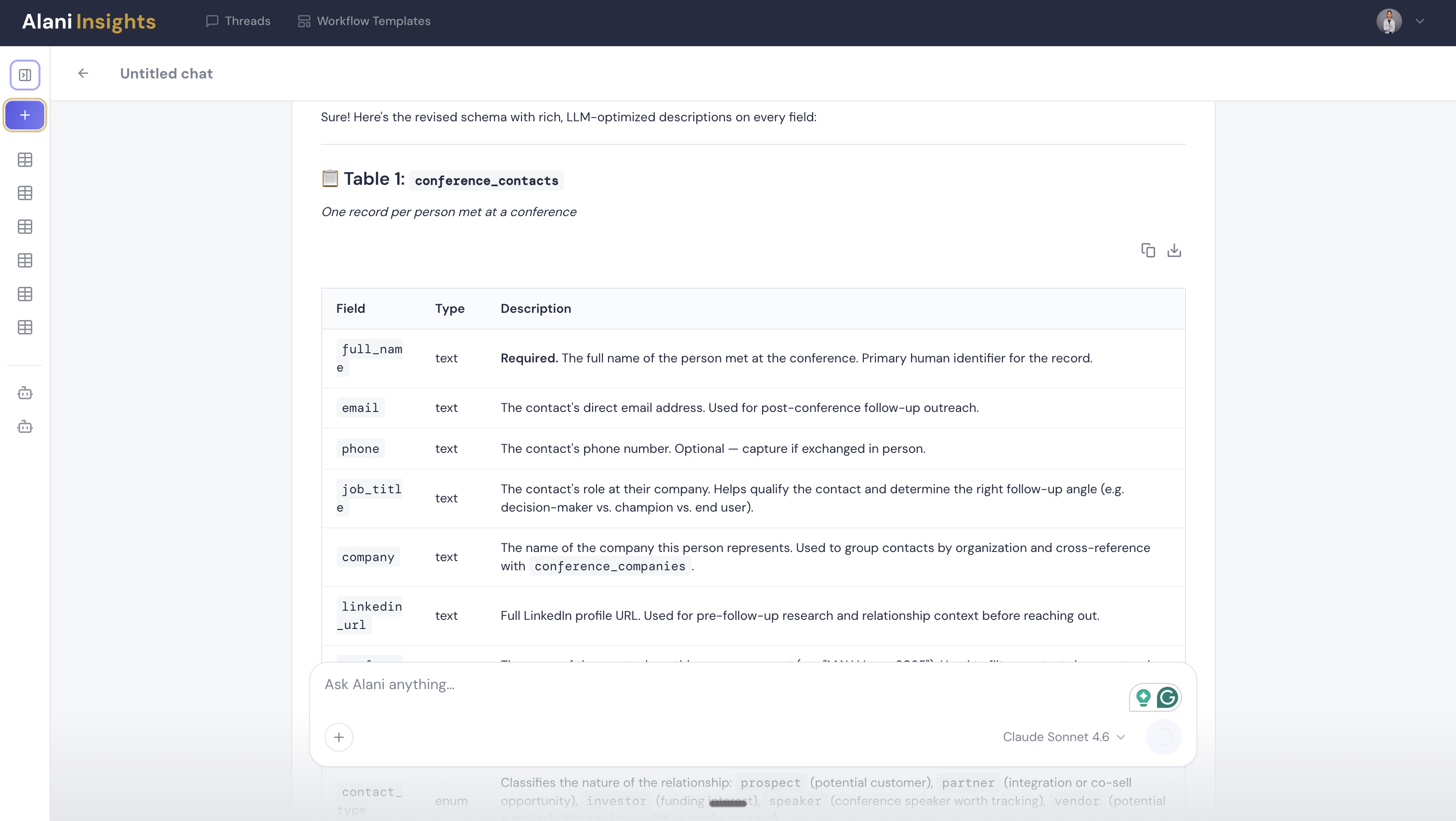 A structured CRM record created automatically by Alani Insights